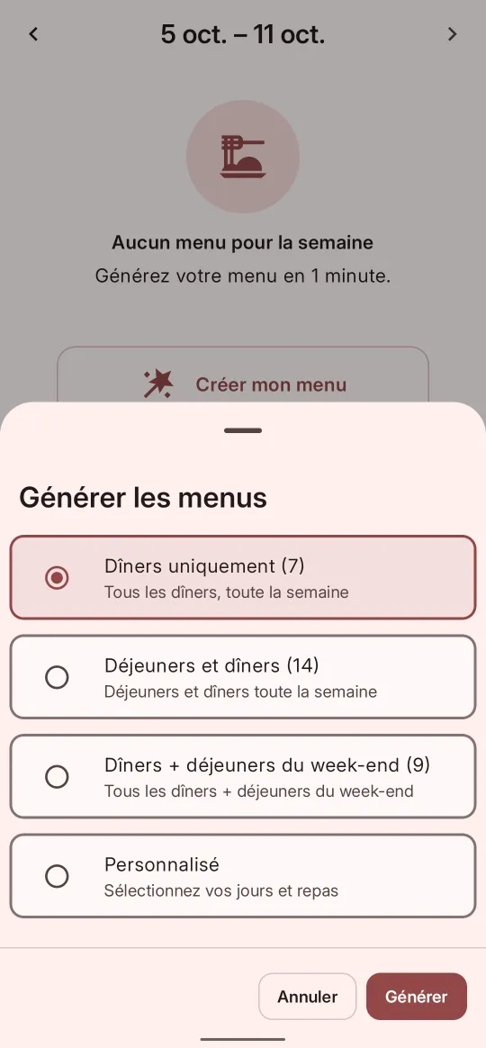 Choix du mode de génération : dîners uniquement, déjeuners et dîners, week-end ou personnalisé