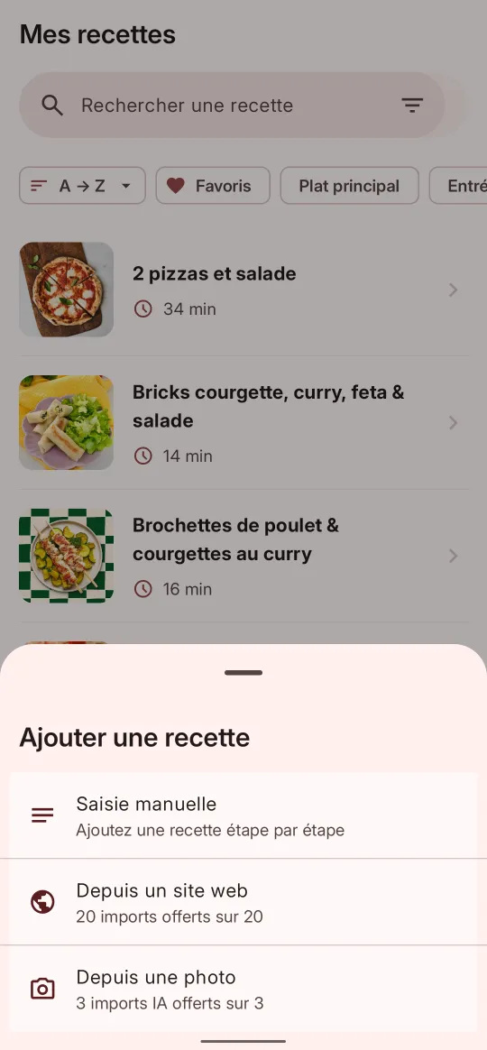 Ajout d'une recette : saisie manuelle, depuis un site web ou depuis une photo