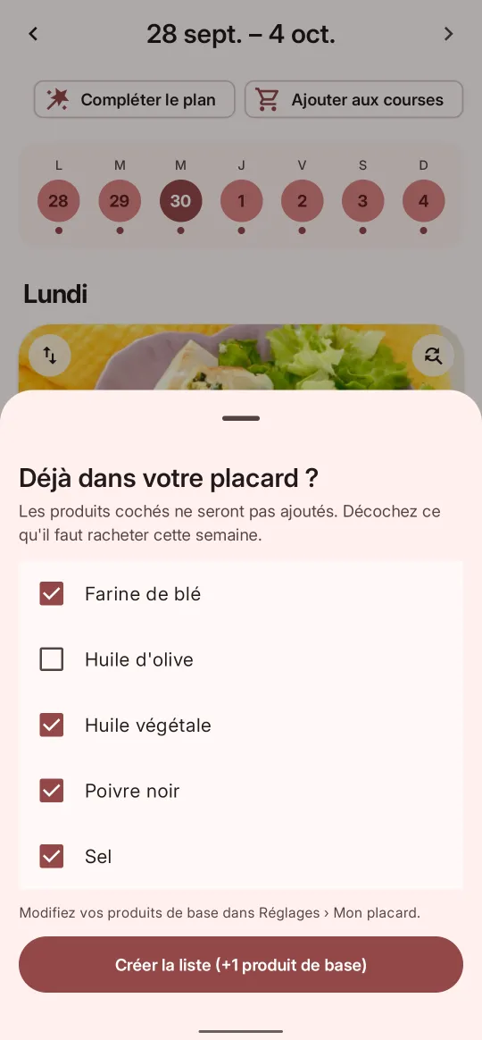 Feuille « Déjà dans votre placard ? » pour décocher les produits de base à racheter