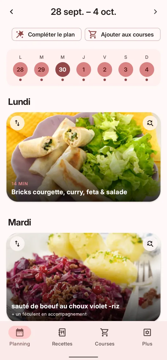 Écran Planning d'Itadaki : la semaine du 28 septembre avec un plat illustré pour chaque jour