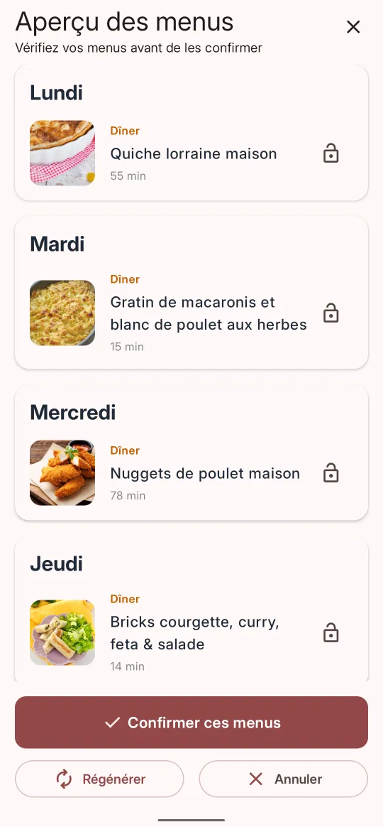 Aperçu des menus avant confirmation, avec un cadenas pour épingler chaque plat