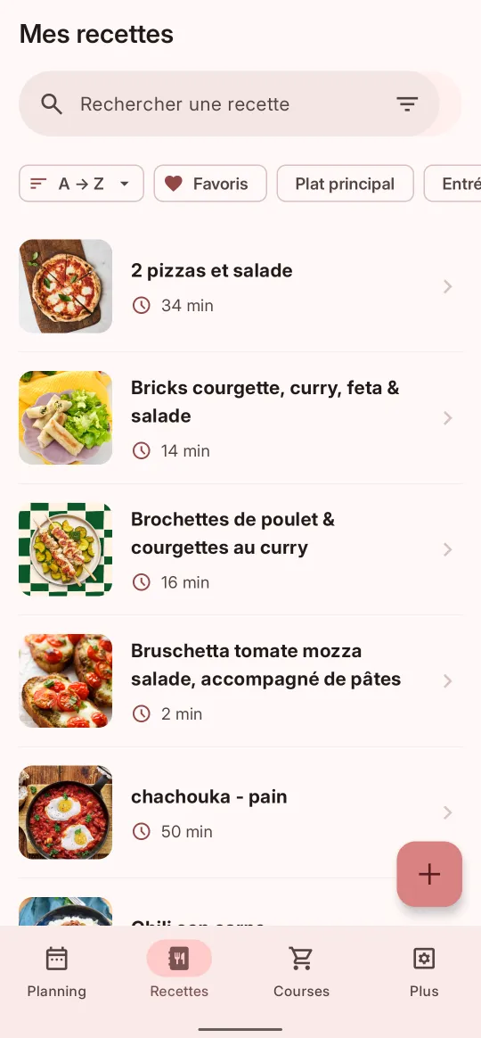 Bibliothèque de recettes avec photos et temps de préparation